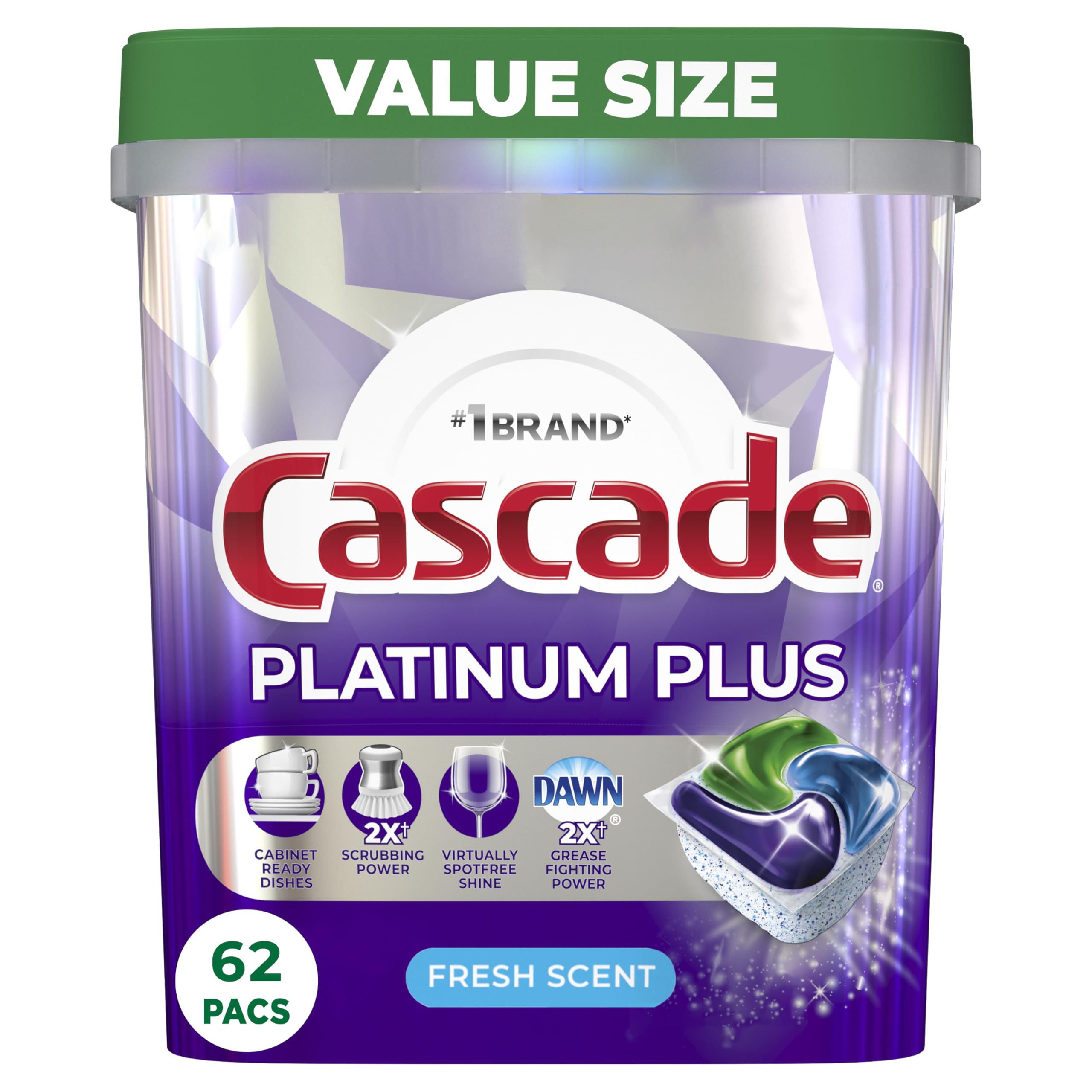 Cascade Platinum Plus ActionPacs Dishwasher Detergent Pods, Fresh, 62 Count [Subscribe & Save] $13.76