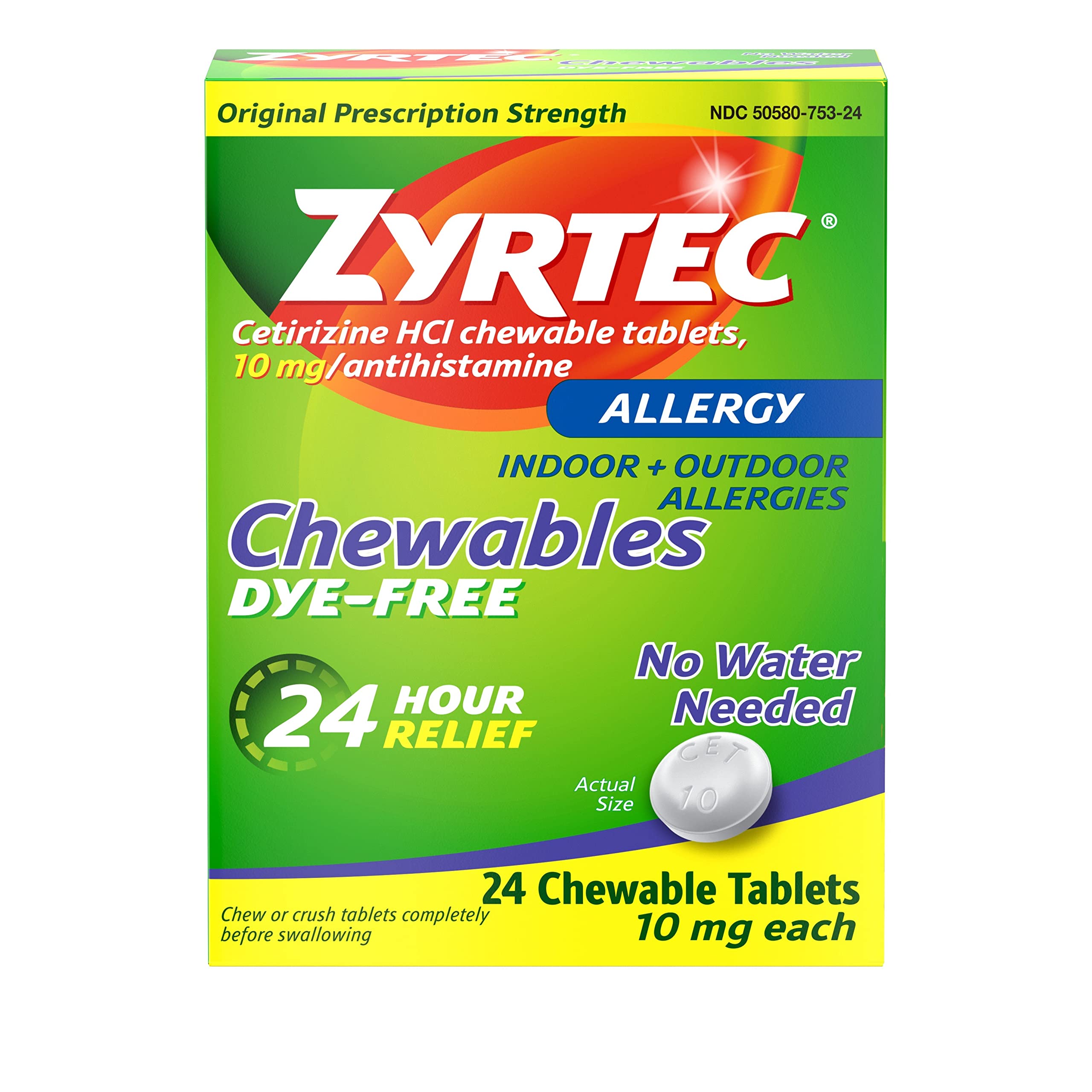 Zyrtec 24-Hour Berry Chewable Tablets: 10mg Cetirizine HCl per Tablet. Relieves Allergy Symptoms (Indoor, Outdoor, Hay Fever). Dye-Free. 24 Count [Subscribe & Save] $9.3