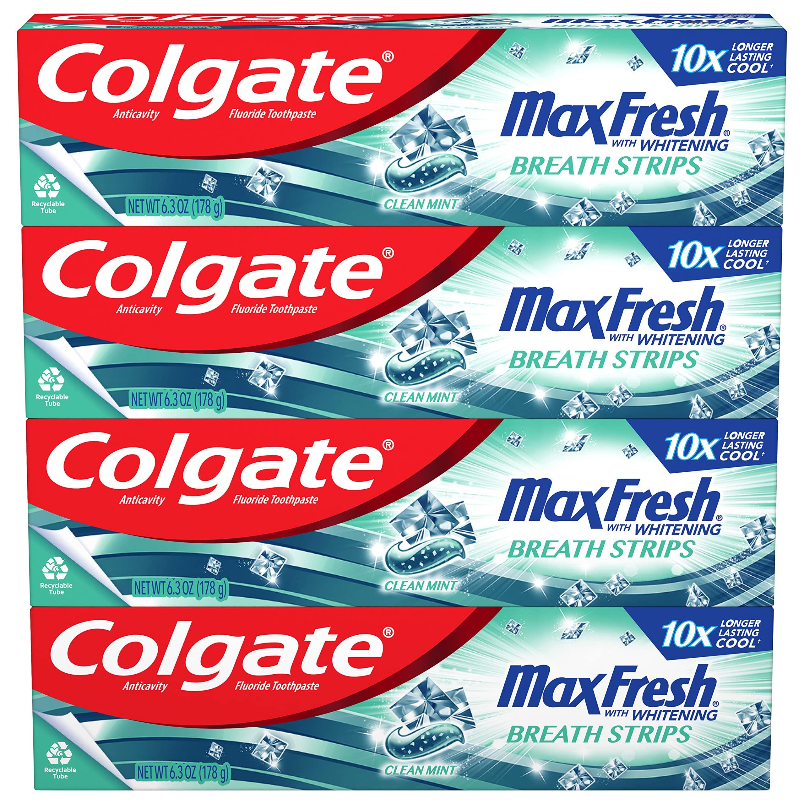 Colgate Max Fresh Whitening Toothpaste with Mini Strips, Clean Mint, 6.3oz (4-Pack) [Subscribe & Save] $8.39