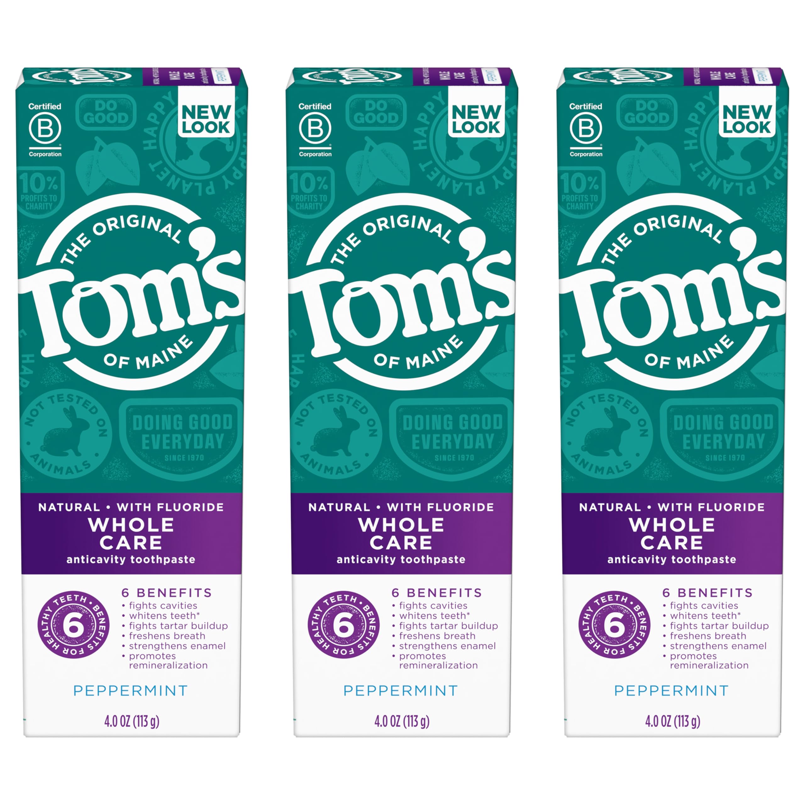 Tom's of Maine Whole Care Natural Toothpaste with Fluoride, Peppermint, 4 oz. 3-Pack [Subscribe & Save] $11.58