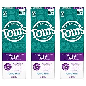 Tom's of Maine Whole Care Natural Toothpaste with Fluoride, Peppermint, 4 oz. 3-Pack [Subscribe & Save] $  11.58