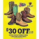 Tractor Supply Co Black Friday: Entire Stock Women's Work &amp; Western Leather Boots from Ariat, Justin and More - $30 Off