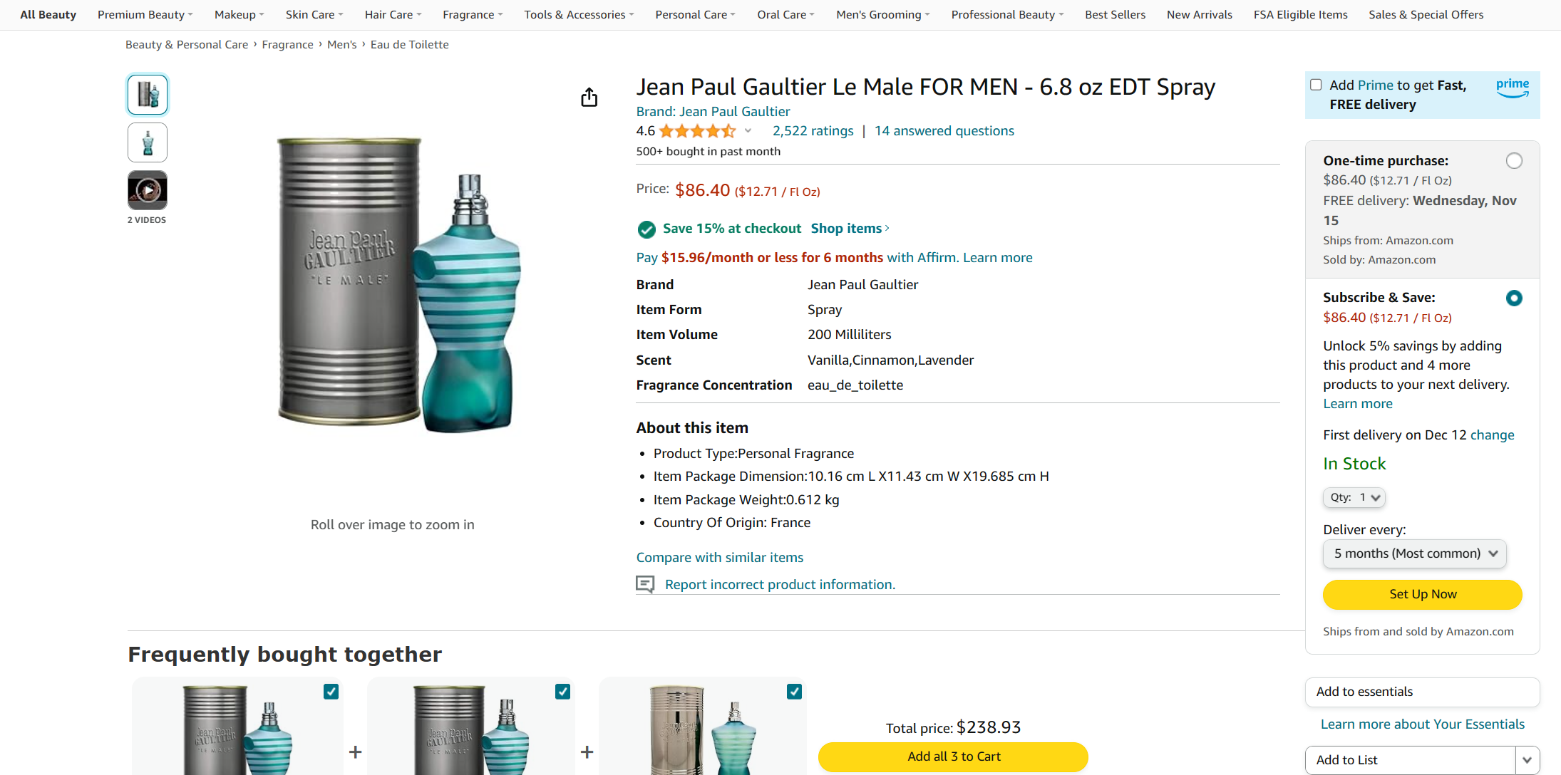 Jean Paul Gaultier Le Male FOR MEN - 6.8 oz EDT Spray $73.44