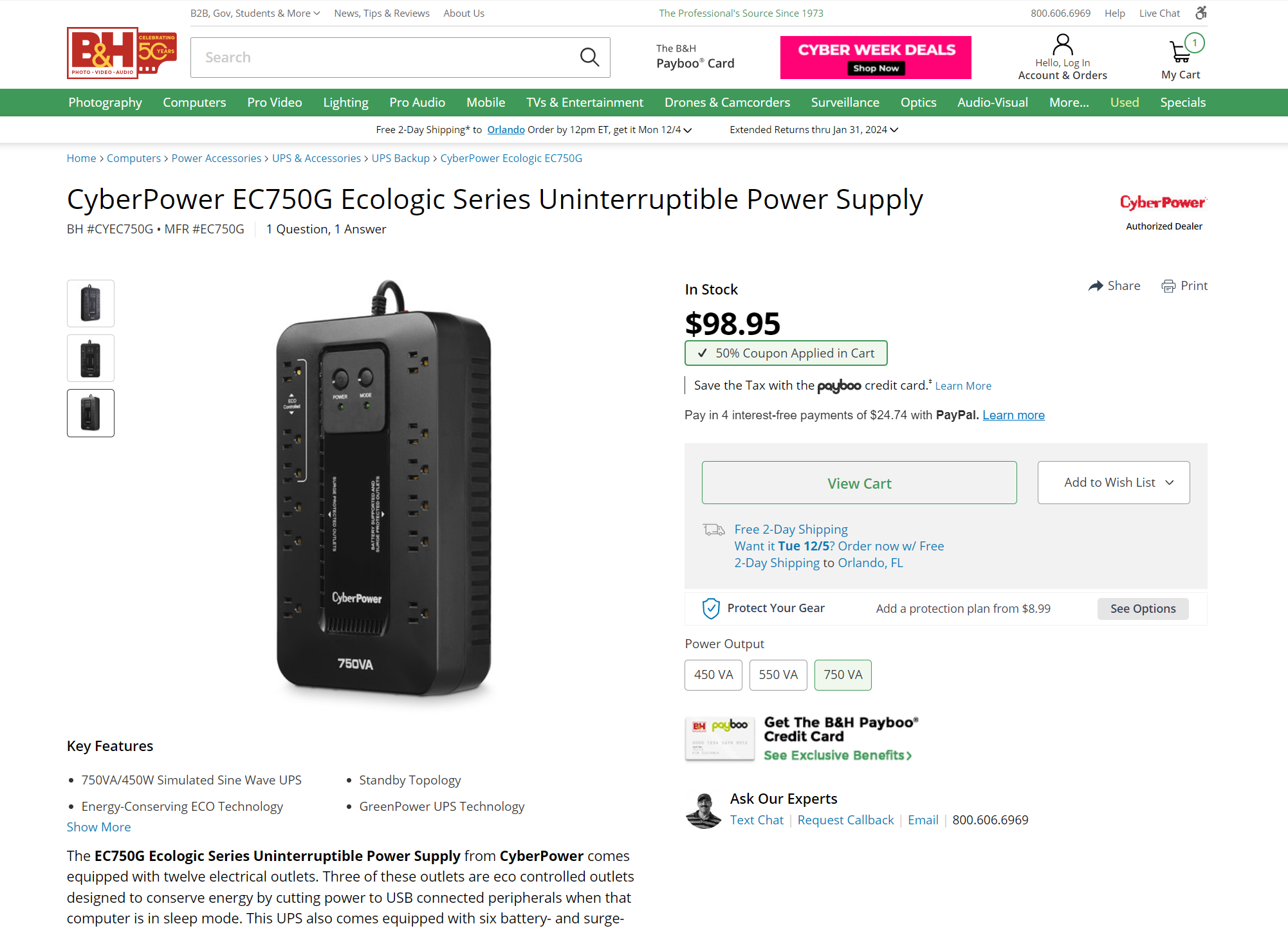 CyberPower EC750G Ecologic Series Uninterruptible Power Supply UPS $49.47 B&H Photo