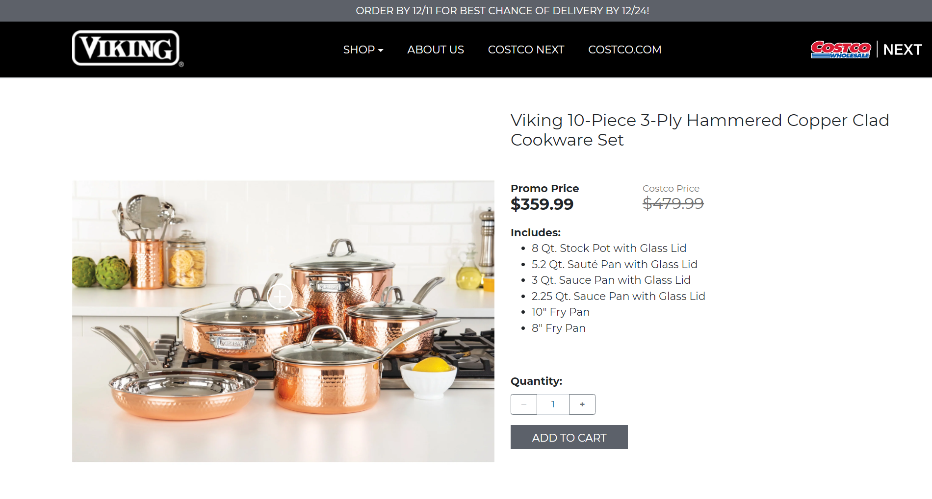 Viking 10-Piece 3-Ply Hammered Copper Clad Cookware Set Costco Members $360