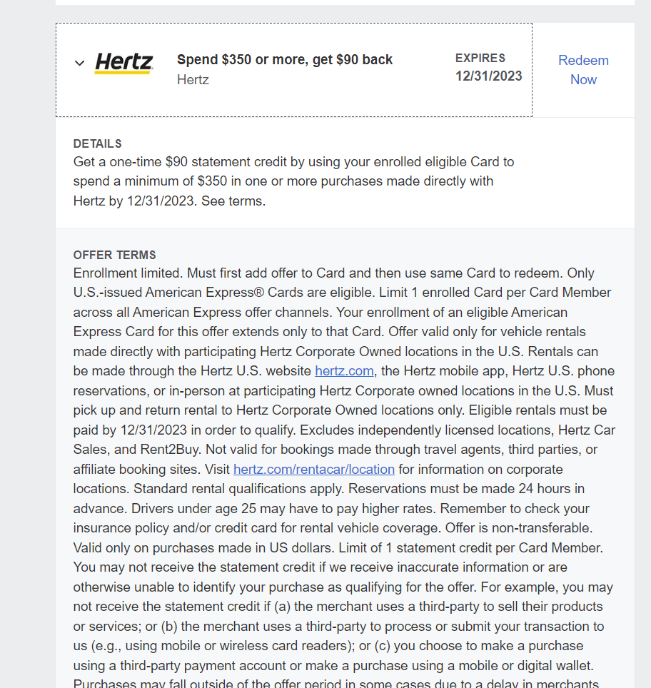 Spend $350 or more, get $90 back Hertz Select Amex Cardholders