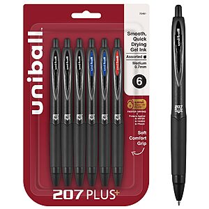 6-Pack uniball 207 Plus+ 0.7mm Medium Point Retractable Gel Pens (Assorted Colors) .35 w/ Subscribe & Save