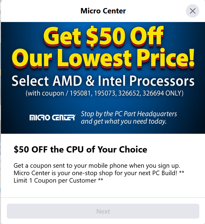 Microcenter Coupon $50 off assorted AMD Ryzen and Intel processors. i7-12700k $299, i9-12900k $449, 5600x $159 5800x $249