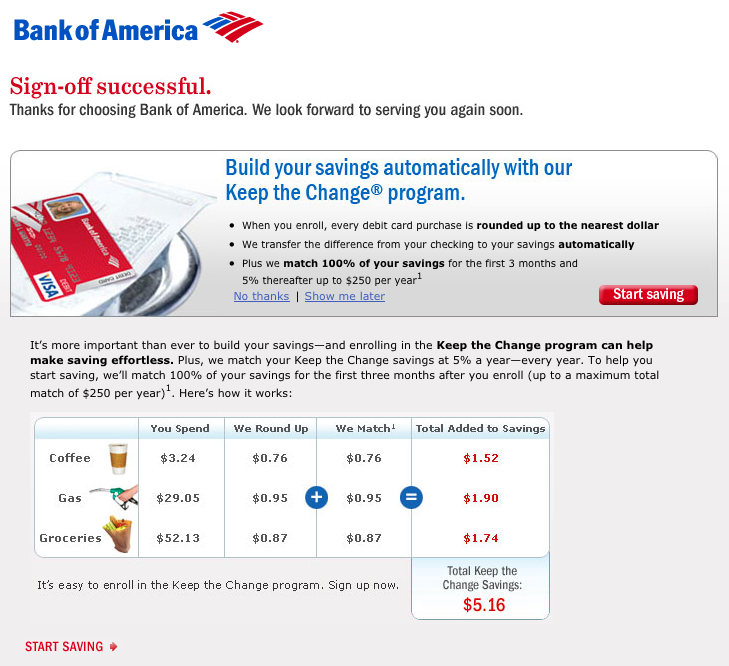 Bank of America Customers get up to $250.00 using Keep The Change [Offer Code: KTCS]