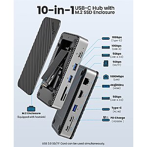 10 In 1 Docking Station Usb-c 3.2 Hub 10gbps With M.2 Nvme And Sata Ssd  Enclosure -compatible 100w