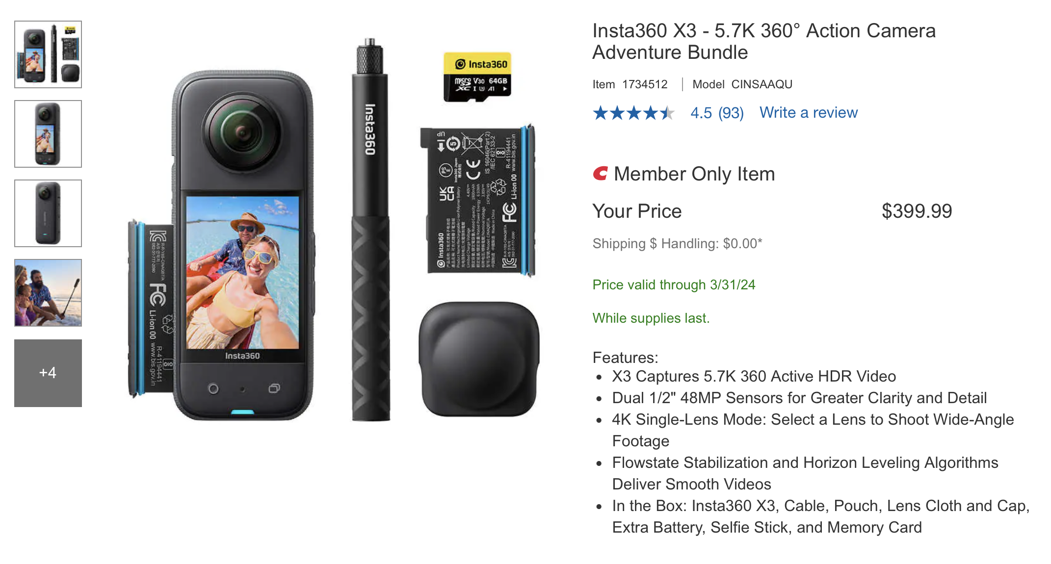 Insta360 X3 5.7K 360° Action Camera Adventure Bundle Costco 399.99