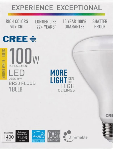 YMMV Cree 1400 lumen 100W Equivalent Bright White (3000K) BR30 Dimmable Exceptional Light Quality LED Light Bulb