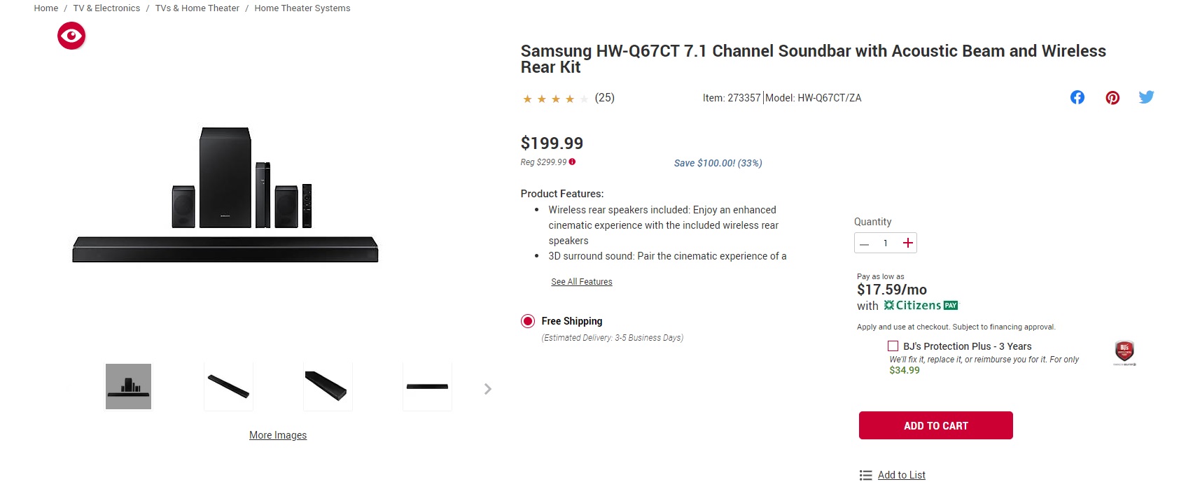 Samsung HW-Q67CT 7.1 Channel Soundbar 199.99$