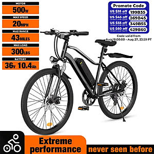 Lelekuai Electric Mountain Bike, 36V 500W Brushless motor, 23MPH top speed, 10.4Ah battery ebike $212