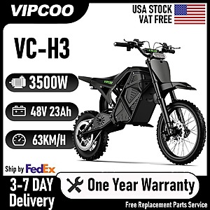 VIPCOO H3 Electric Dirt Bike 3500W Peak 4500W Motor 48V 23Ah Off-Road Motorcycle $662 + Free S&H