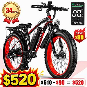 EOEOTWO 1500W Fat Tire Electric Bike, 26"x4.0 All-Terrain E-Bike, 48V Long-Range, 34MPH Top Speed Red $517 + Free Shipping