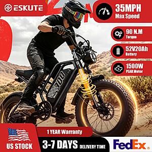 ESKUTE V300 Electric Dirt Bike 35MPH 52V 20.8Ah 20"x4.0" Fat Tire 1500W 7-Speed $521 + Free Shipping