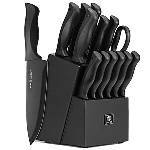 NULAS 15-Piece Kitchen Knife Set with Block and Built-In Sharpener, Black $26 + Free Shipping