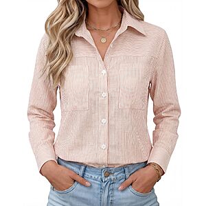 Kistore Women's Long Sleeve Striped Soft Button Up Collared Shirt $12.99 AC