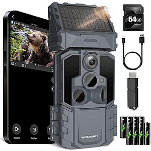 WOSPORTS Trail Camera 48MP Solar Game Camera with 7800mAh Built-in Battery, 0.1s Trigger IP66 with 8 AA Batteries; 64GB SD Card $34.99 AC