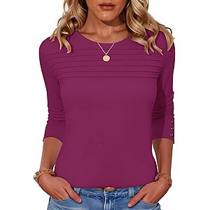Tunic Long Sleeve Pleated Crew Neck Womens Tops STARTING at $6.40 (Rose Red)