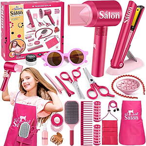 Adofi Girl Toys, 22 Pieces Play Hair Salon with Realistic Blow Dryer, Straightener, Pretend Play Makeup for Little Girls $23.98