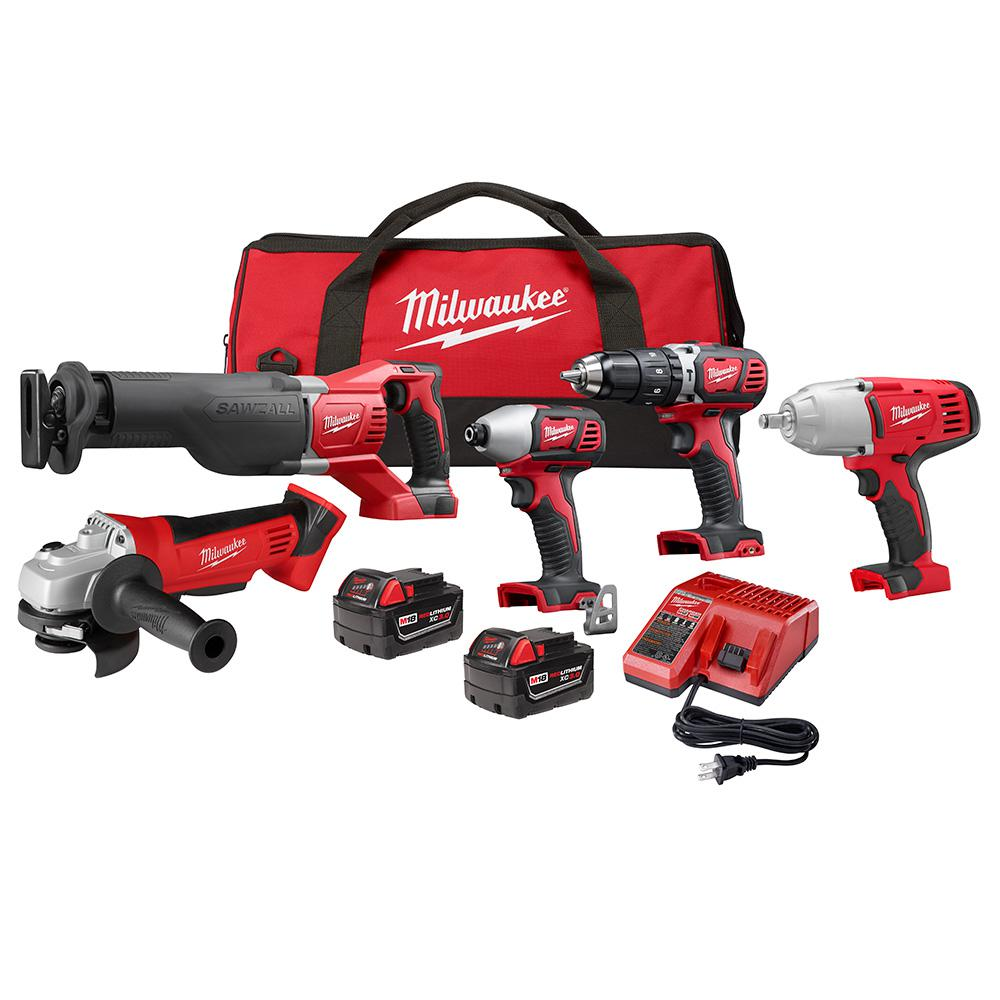 Milwaukee M18 18-Volt Lithium-Ion Cordless Combo Tool Kit (5-Tool) with Two 3.0 Ah Batteries, Charger and Tool Bag-2697-25 - The Home Depot $399