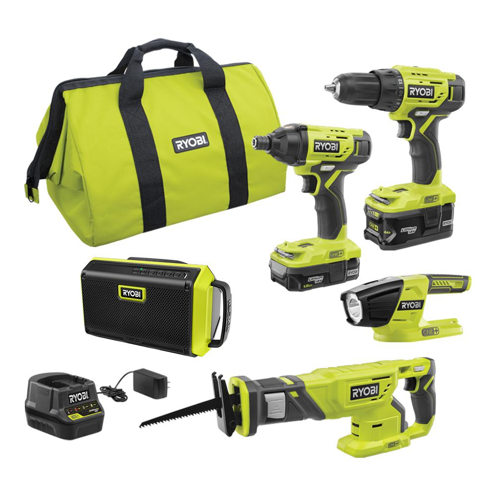 RYOBI ONE+ 18V Cordless 4-Tool Combo Kit PLUS Bluetooth Speaker, (2) Batteries, Charger, and Bag-P1818-PAD01B - The Home Depot $149