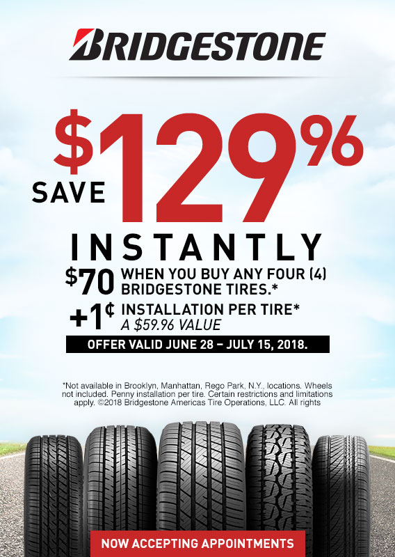 $70 Off 4 Bridgestone tires + 1 cent installation per tire (A $59 value) (total $129.96 in ...