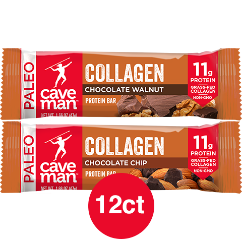 CAVEMAN FOODS Chocolate Walnut / Chocolate Chip Collagen Protein (1.66 OZ.) 12 Bars $3.97