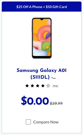 Tracfone AT&T customers Samsung A01 refurbished phone $0.00 with $25 off + $50 gift card