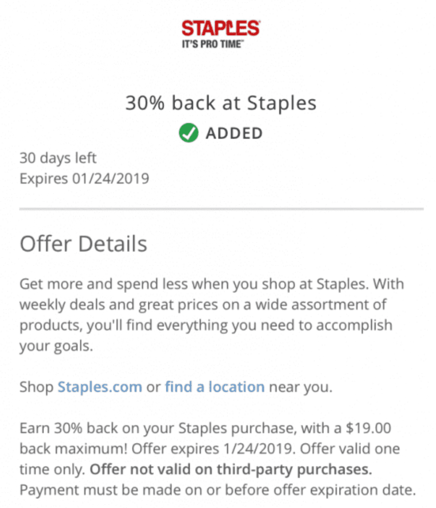 Chase Offers: Staples 30% Cash Back Max $19 + Possible Double Dip with 10% Offer YMMV