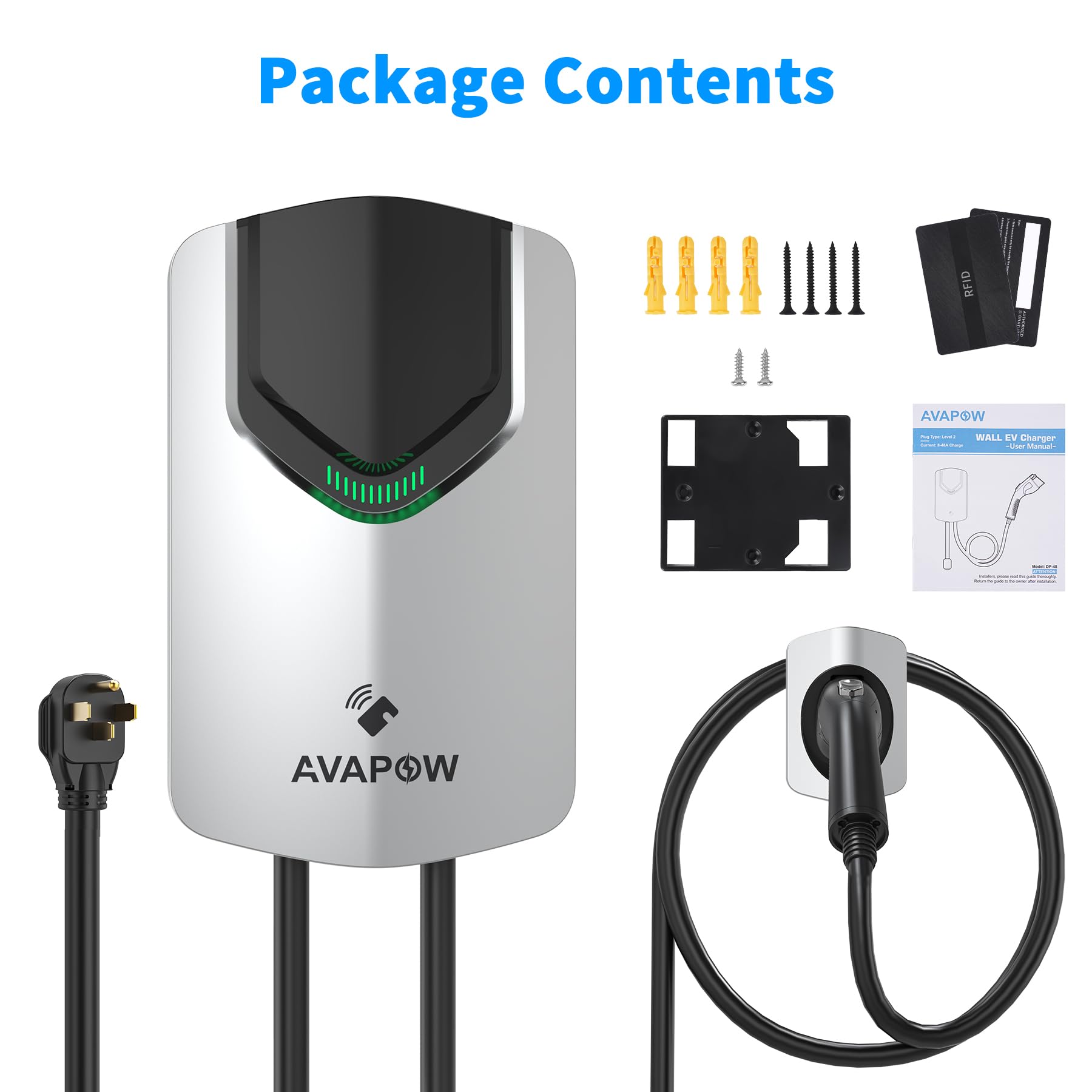 57% off: AVAPOW Level 2 EV Charger Up to 48A Current, 25FT Wall Electric Car Charger with App Control, RFID Unlocking, NEMA 14-50 Plug $149.99