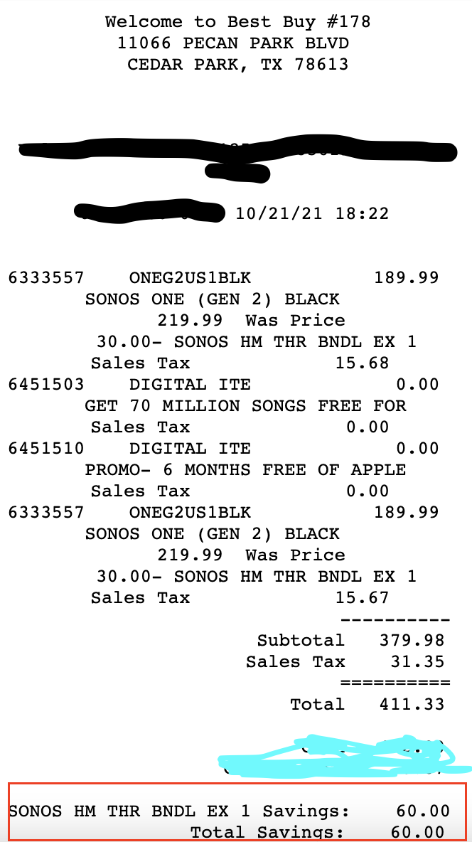 Sonos - One (Gen 2) x 2 Bundle $60 off (Best Buy | In Store Only) + 6 Months Apple Music Free $379.95