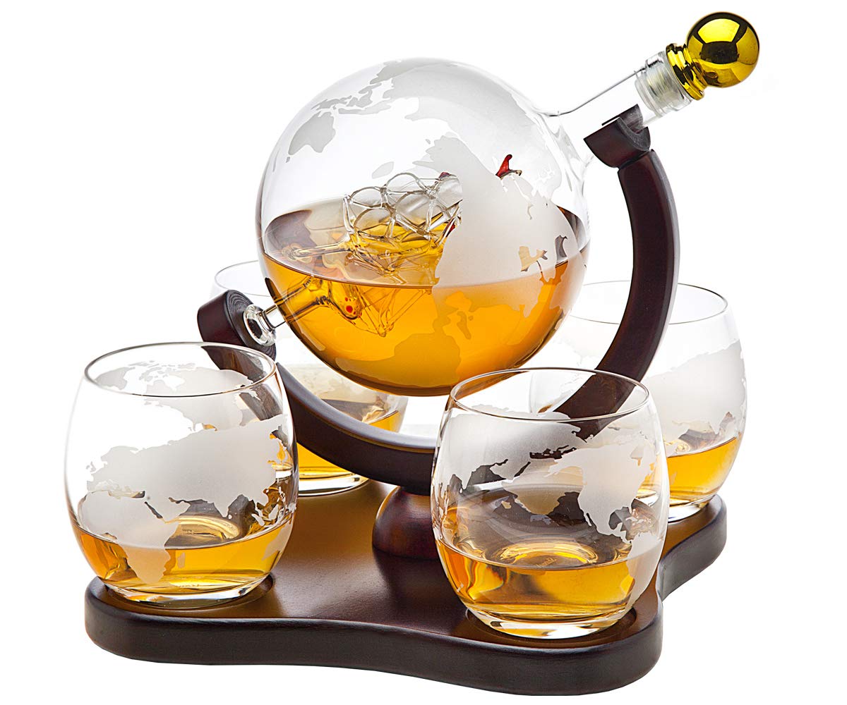 Godinger Whiskey Decanter Globe Set with 4 Etched Globe
