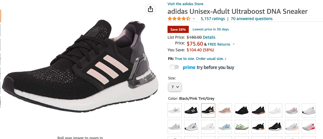 adidas Women's Ultraboost 20 Running Shoe, Black/Pink Tint/Grey $75