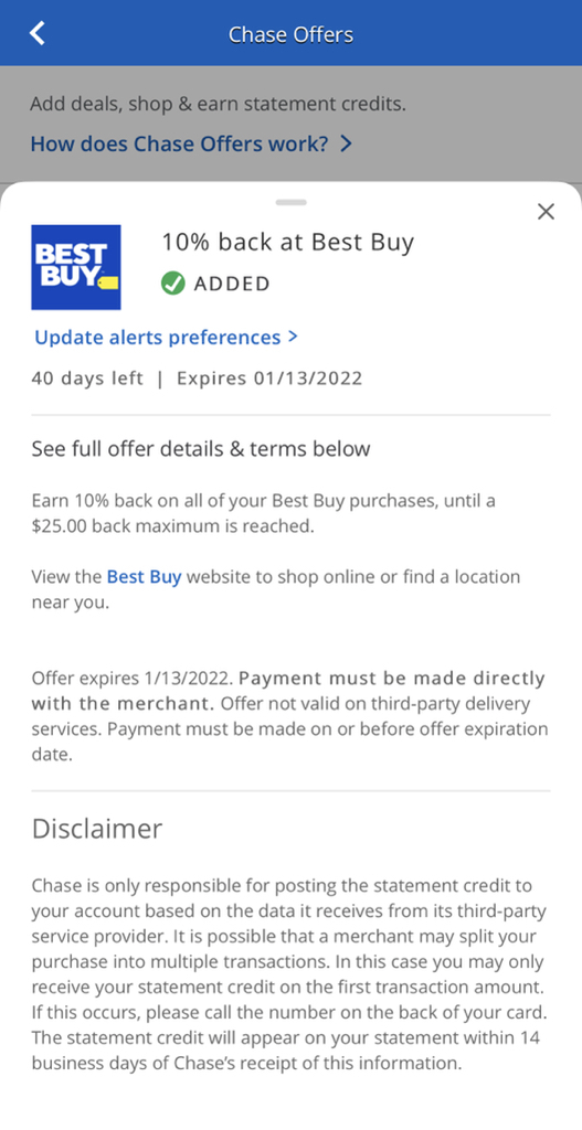 YMMV Chase Offer: 10% back on up to $250 of spending at Best Buy