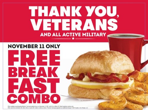 [Veterans Day Freebie] Free Wendy's Breakfast Combo TIME: 6:30 a.m. – 10:30 a.m.