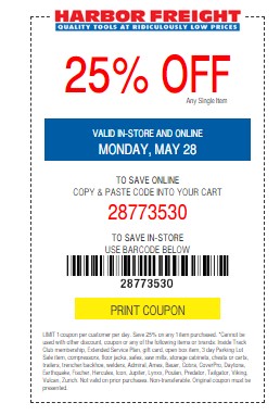 Harbor Freight Memorial Day Only 25% Off Coupon - Slickdeals.net