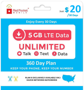 360 Day Red Pocket Ultimate Plan Unlimited Talk Text 5gb Lte