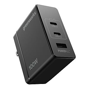 Greenworks POWERALL 100W USB-C, USB-A GaN Charger, 3-Port Foldable and Compact, PPS Fast Charging GW 24V Type-C Battery Charger $19.95