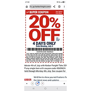 Harbor Freight July 4th 20% - 25% off 1 item