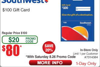 Fry's Email Exclusive: $100 Southwest Gift Card $80, $25 Chipotle or Wingstop Gift Card $20 (In-Store Only) w/ Saturday's Promo Code