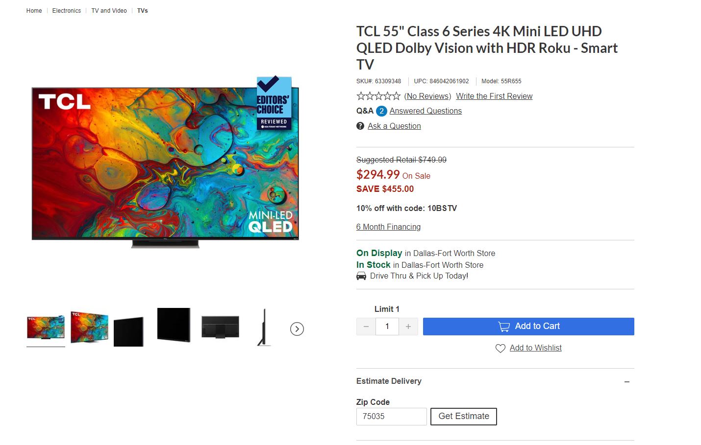 TCL 55 6 Series Mini LED QLED 4K UHD 120Hz Roku TV 55R655 For 265 49 