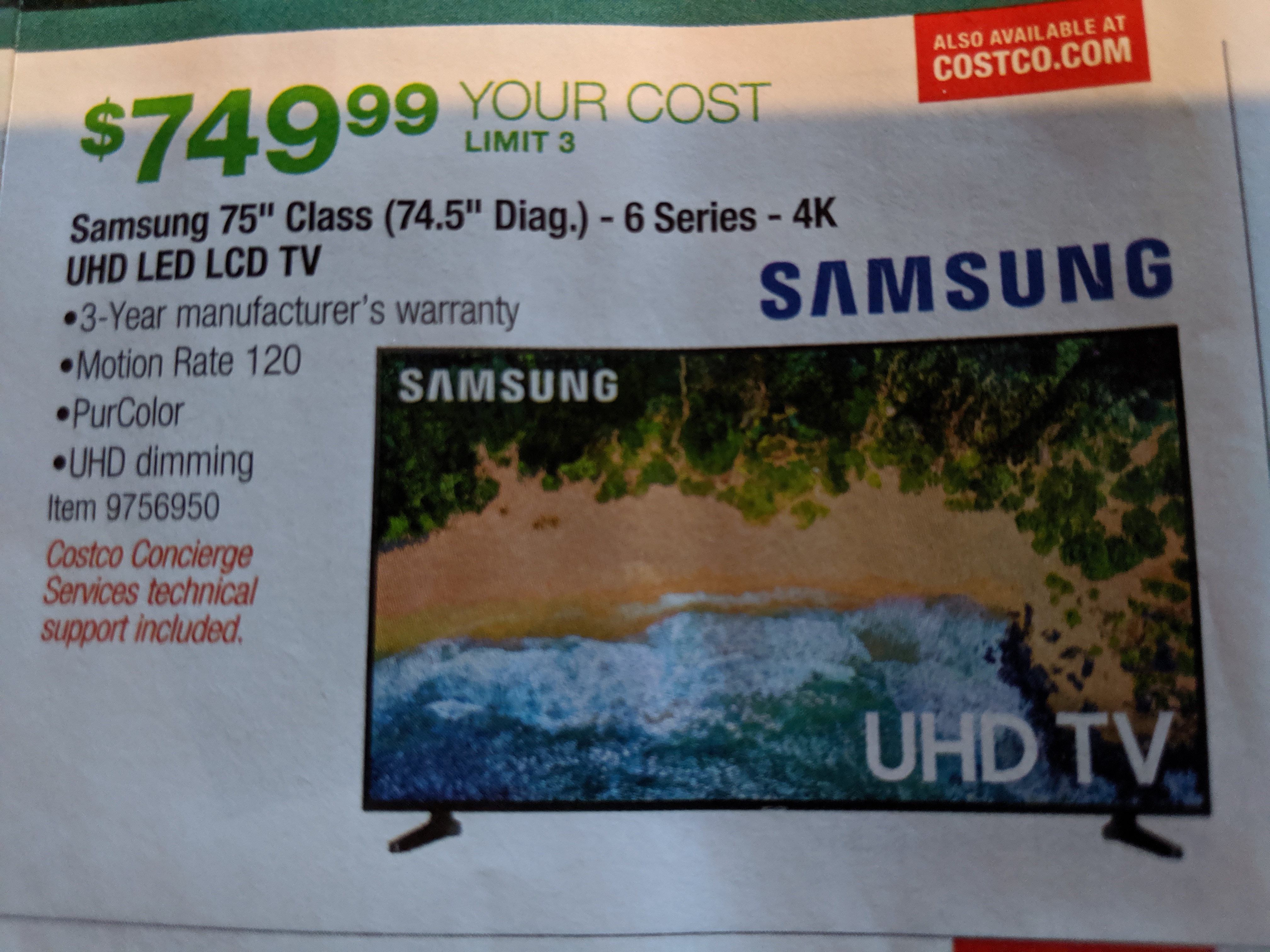 Costco Samsung 75" class - 6 series - 4K  749.98