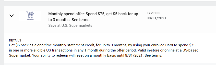 AMEX Offer: Spend $75 at Supermarkets, get $5 back for up to 3 months. See terms.