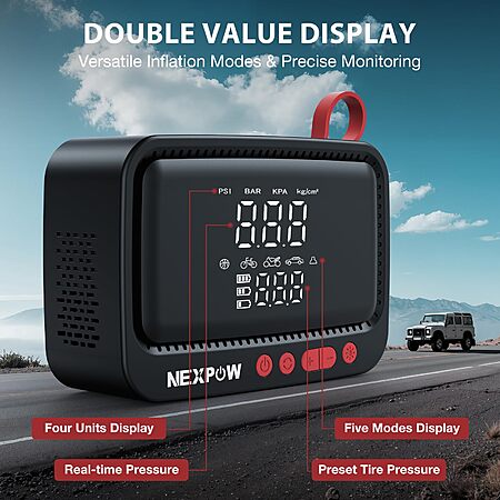 NEXPOW Tire Inflator Portable Air Compressor - $9.98 + FS with Amazon Prime