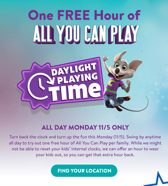 One hour of All You Can Play at Chuck E Cheese, FREE today (11/5) with any purchase