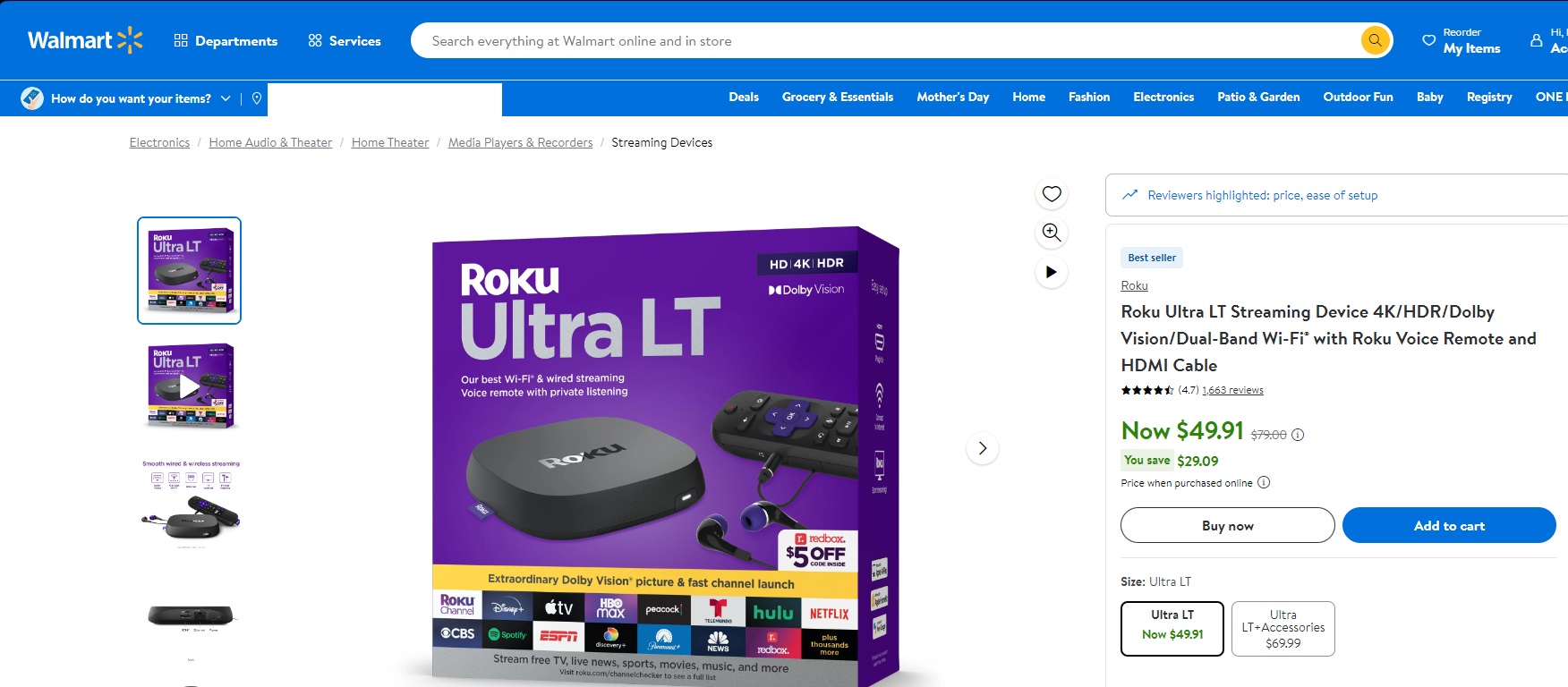 Roku Ultra LT Streaming Device 4K/HDR/Dolby Vision/Dual-Band Wi-Fi® with Roku Voice Remote and HDMI Cable $49.91