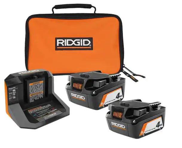 Ridgid 18V Lithium-Ion (2) 4.0 Ah Battery Starter Kit with Charger and Bag $99